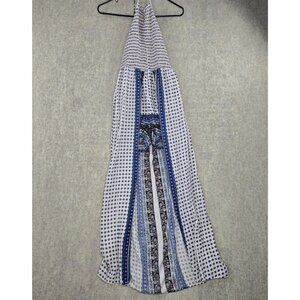 Angie Womens Boho Halter Maxi Romper Shorts Slit Skirt Dress Medium Blue & White